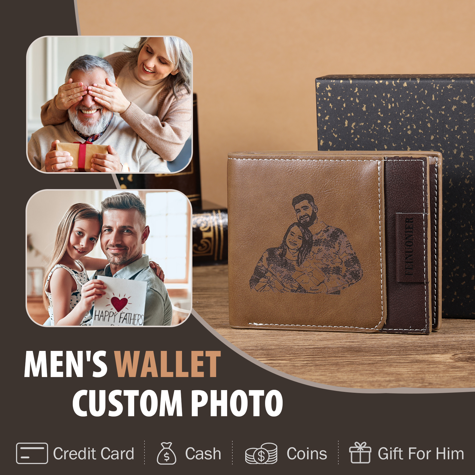 Brown Personalised Leather Wallet Engraved Photo Short Purse Folding Wallet Gifts For Men-Jessemade AU