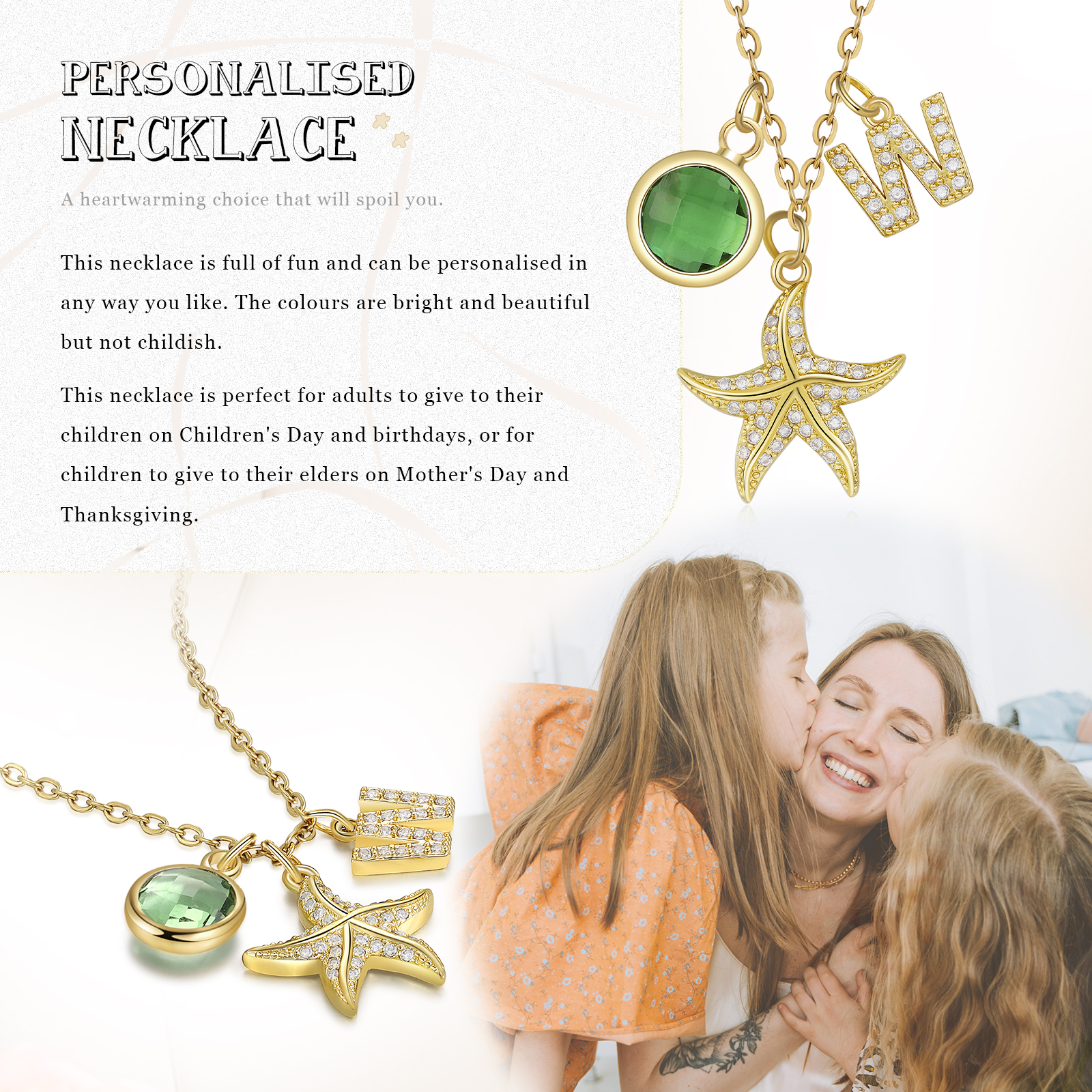 Personalised Starfish Necklace Custom Birthstone and Initial Kid's Necklace-Jessemade AU