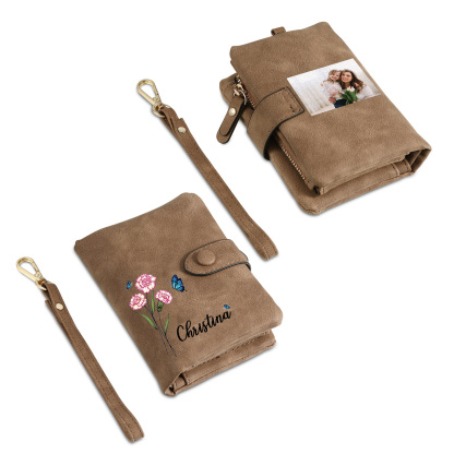 Personalised Women's Leather Wallet Custom Birthday Flower & Name & Photo Wallet Gift for Her