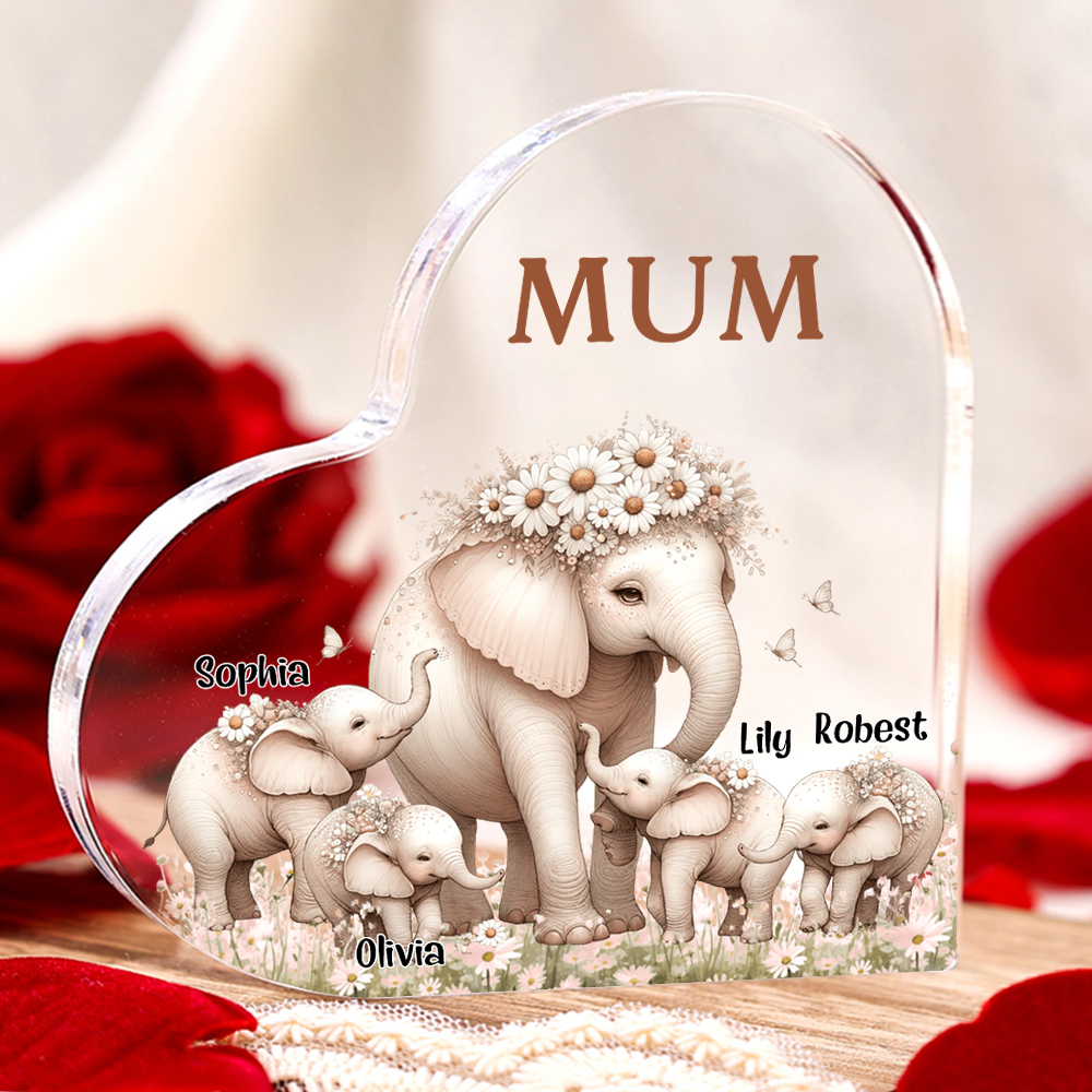 4 Names - Personalised Acrylic Heart Keepsake Custom Text Elephant Family Ornament Gifts for Mother/Grandma-Jessemade AU