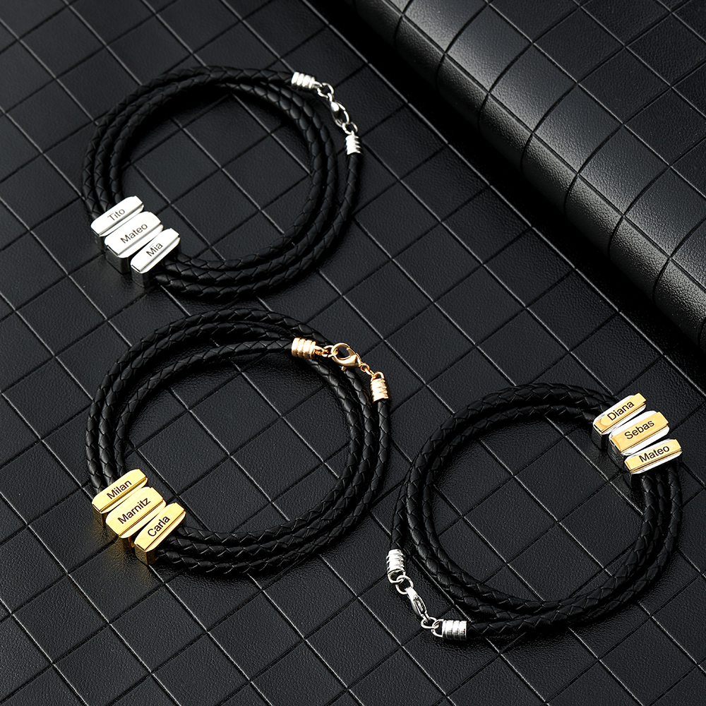 Mens Leather Bracelet with Customised Beads Personalised Three Layer Bracelet Engraved 3 Names-Jessemade AU