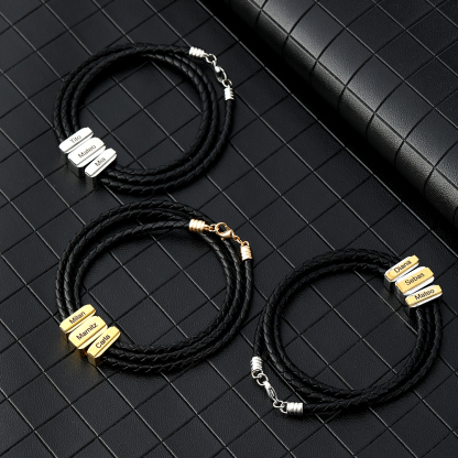 Mens Leather Bracelet with Customised Beads Personalised Three Layer Bracelet Engraved 3 Names-Jessemade AU