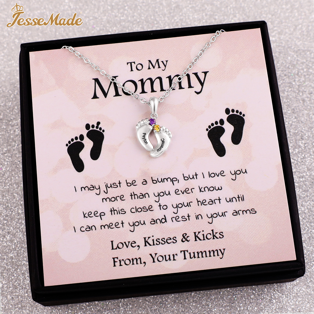 Personalised Baby Foot Necklace With 2 Birthstones Engraved Names Gift For Mother-Jessemade AU