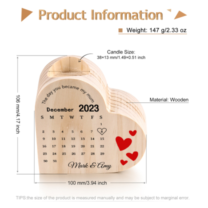 The Day You Became My Mum Personalised Calendar Heart Candle Holder Wooden Candlestick-Jessemade AU