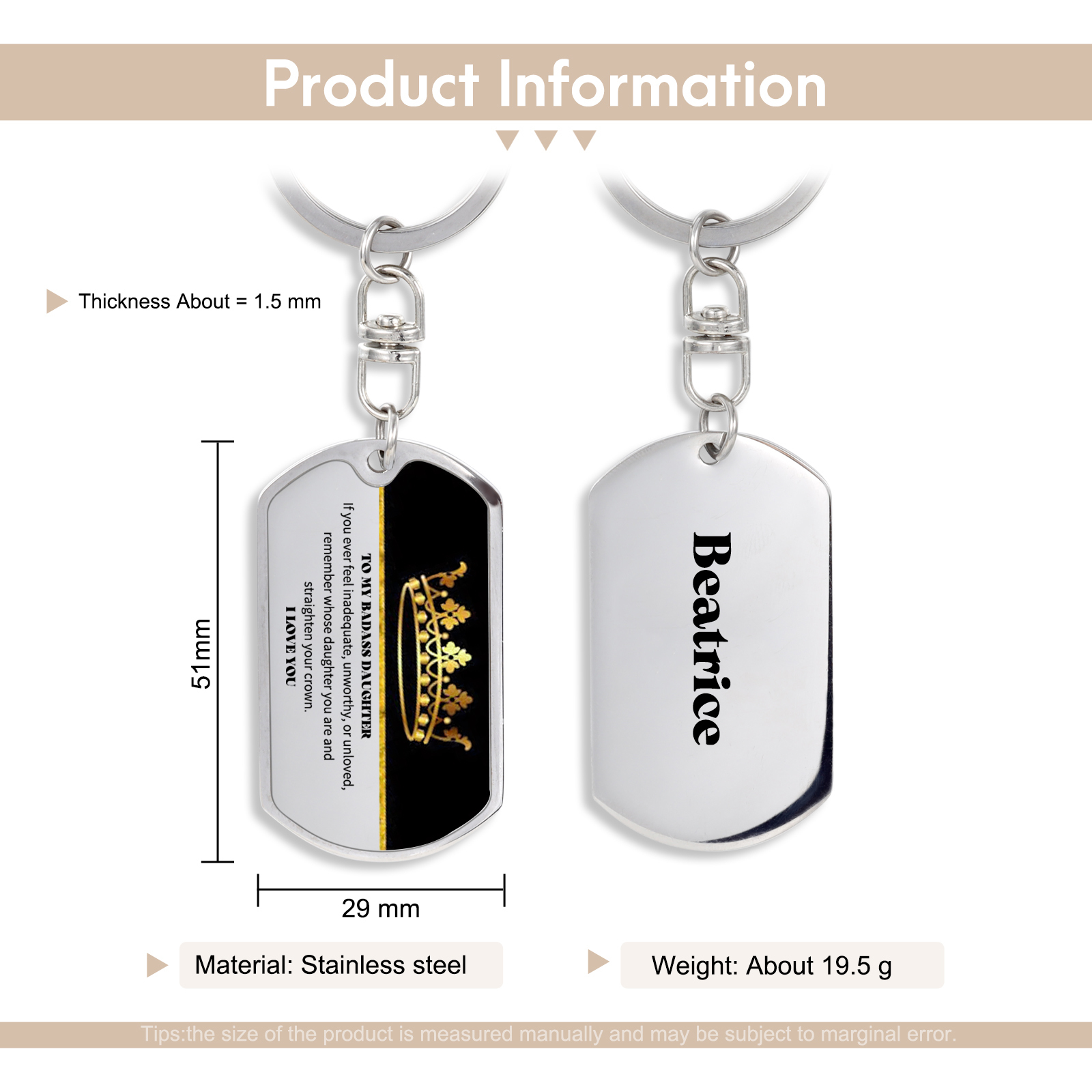 To My Badass Daughter Keychain Custom Name Stainless Steel Keyring Personalised Gift For Daughter-Jessemade AU