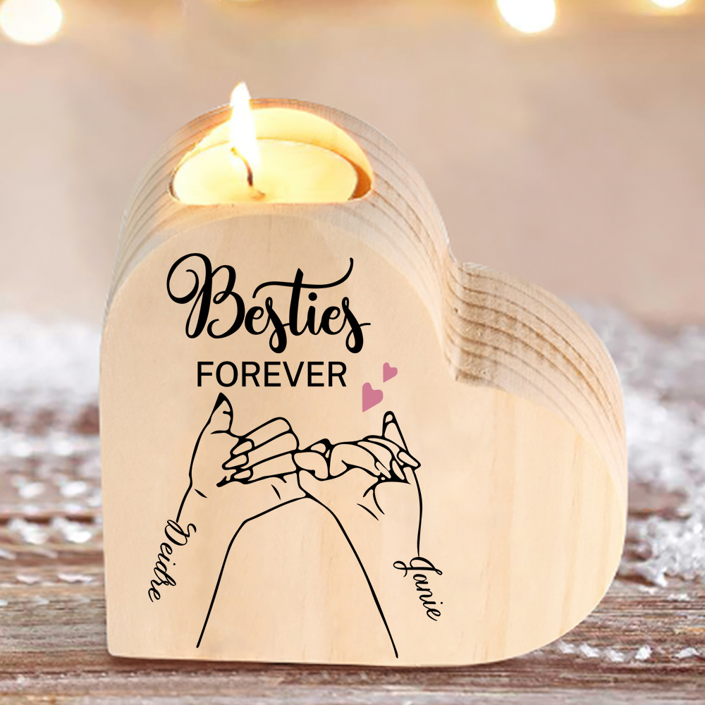 Besties Forever Wooden Candle Holder Customised 2 Names Pinky Swear Candlesticks -Jessemade AU