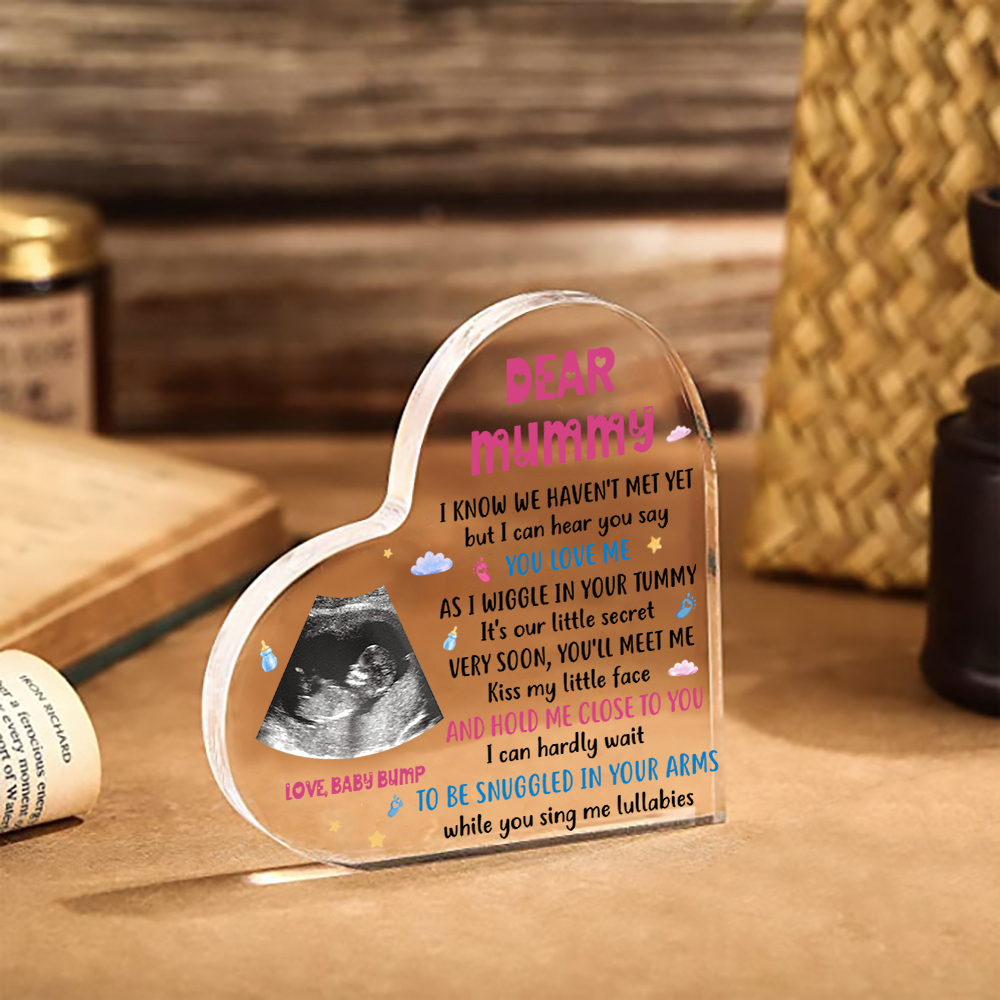 Dear Mummy/Mommy Personalised Photo Acrylic Heart Keepsake Custom Text Ornaments -  I Know We Haven't Met Yet, But I Can Hear You Say You Love Me-Jessemade AU