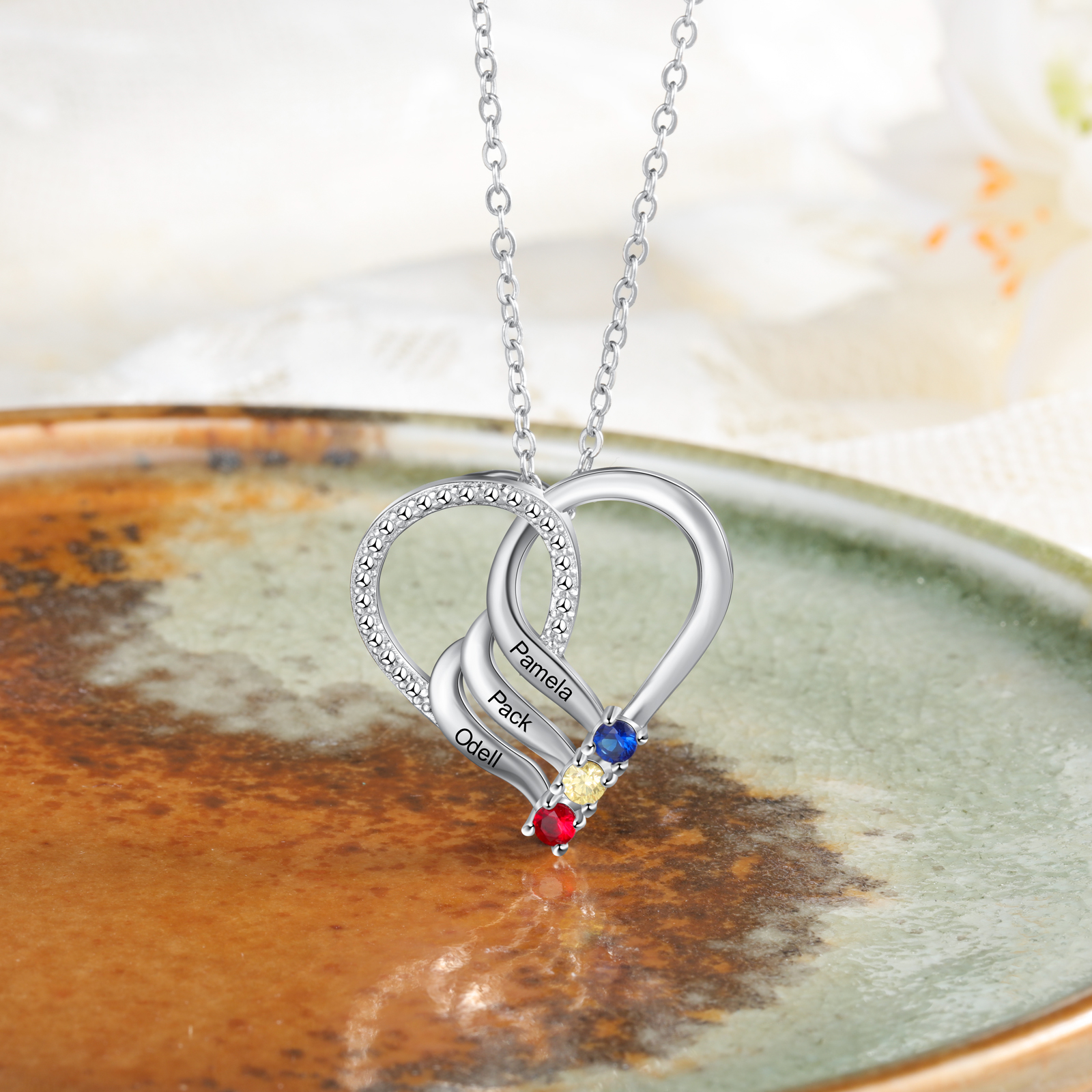 3 Names - Personalised Heart Pendant Necklace Custom Names & Birthstones Necklace Gifts for Mother-Jessemade AU