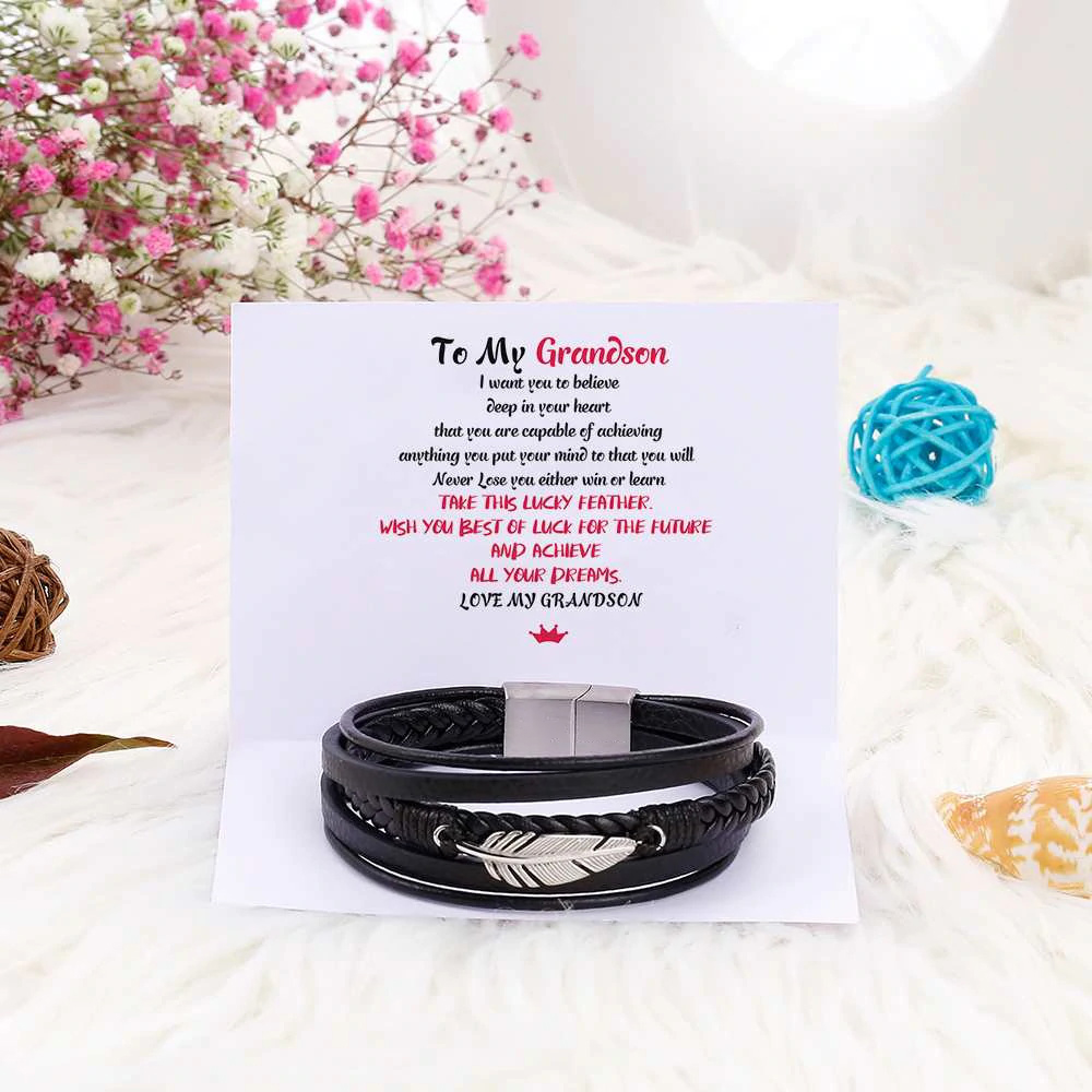 To My Grandson, Inspirational Feather Bracelet Bangle with Message Card Gifts For Her Him