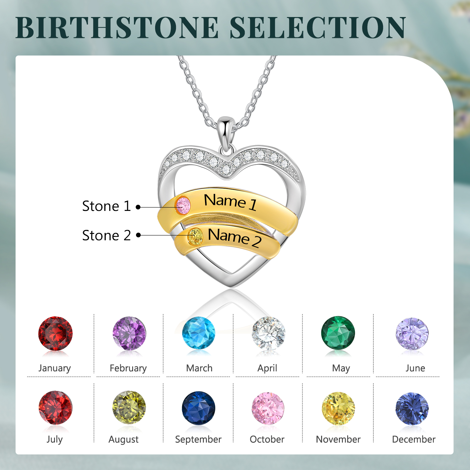 Personalised 2 Names & 2 Birthstones Necklace Custom Heart Pendant Women's Necklace Gifts for Her-Jessemade AU