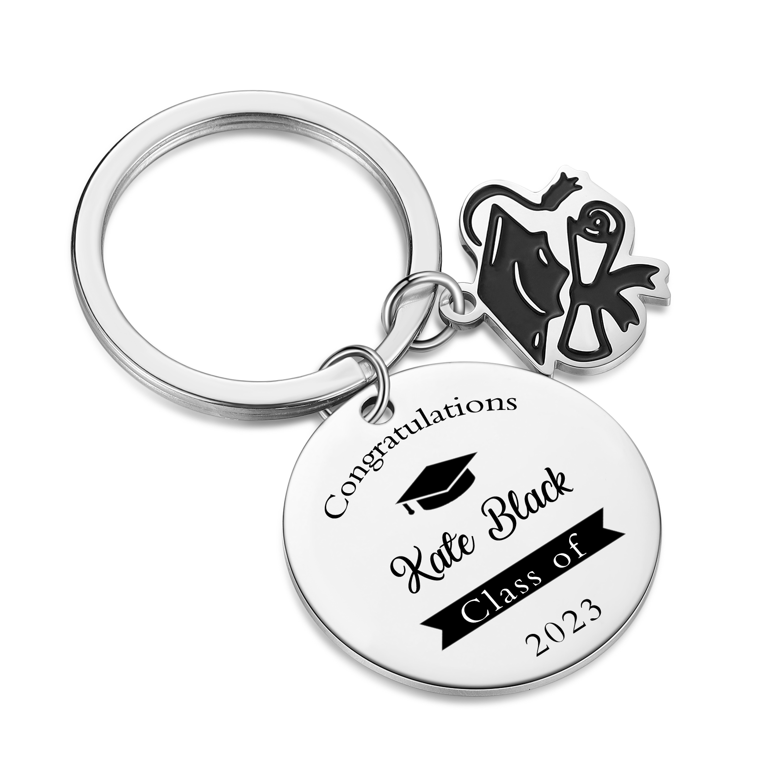 Class of 2024 Graduation Keychain Engraved Name Keychain with Bachelor Cap for Her/Him