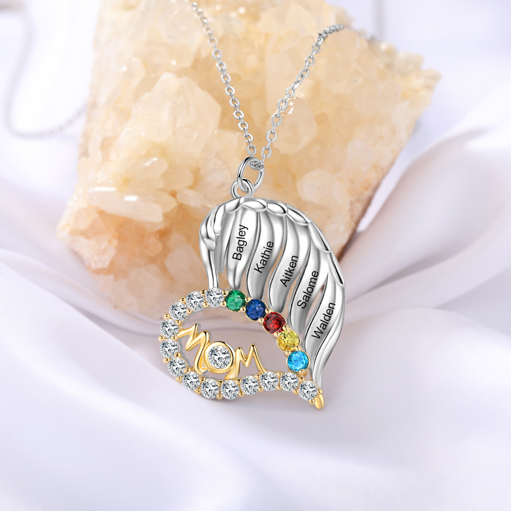Personalised Heart Necklace With 5 Birthstones Engraved Names Gift For Mother-Jessemade AU
