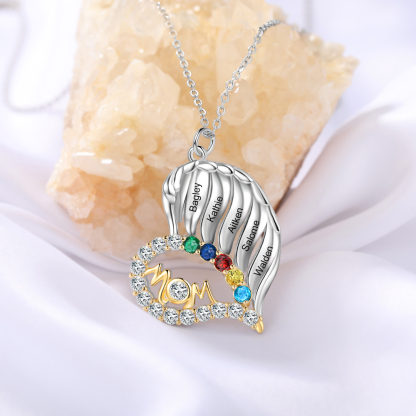 Personalised Heart Necklace With 5 Birthstones Engraved Names Gift For Mother-Jessemade AU