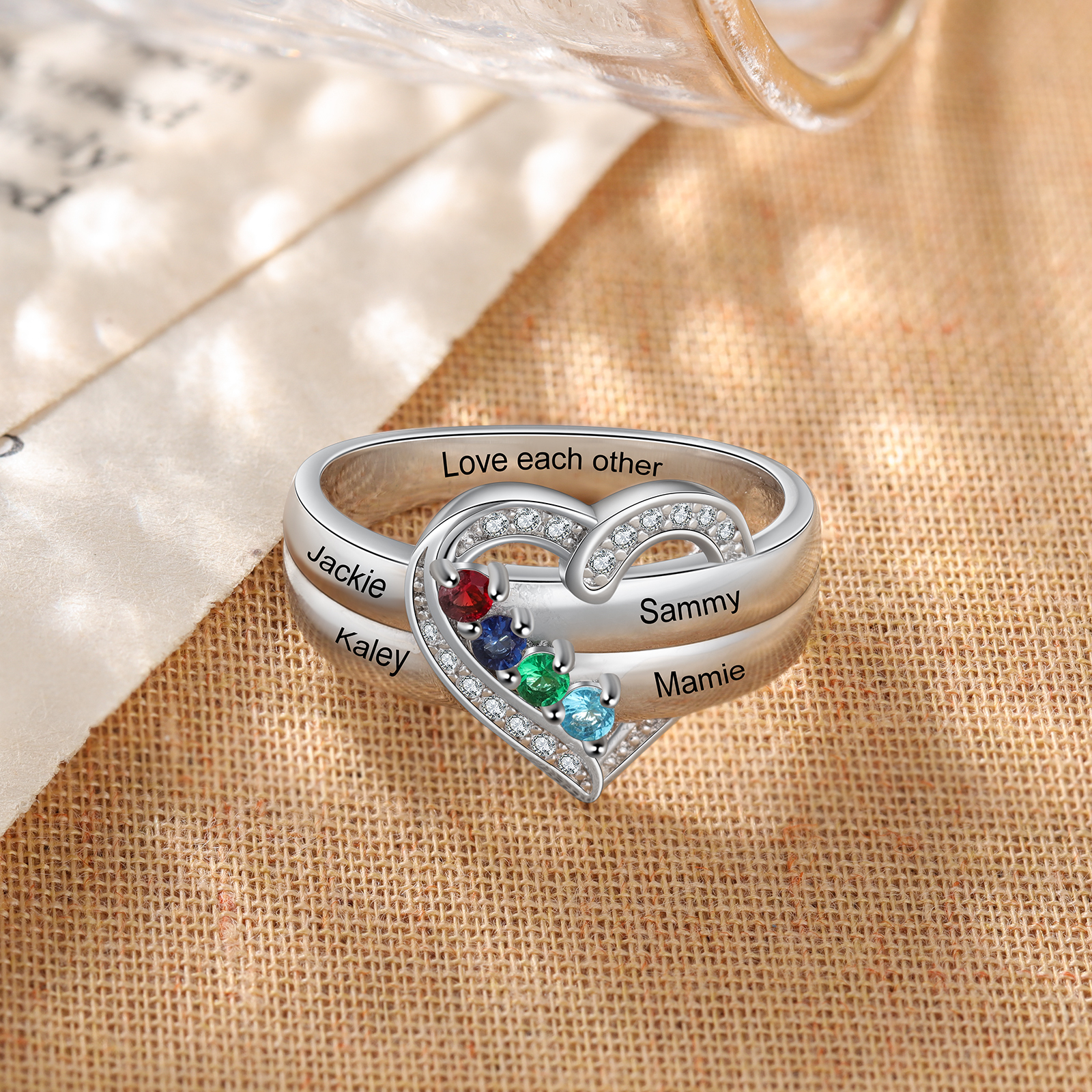 S925 Silver Personalised Mother Ring with 4 Birthstones Heart Family Ring-Jessemade AU