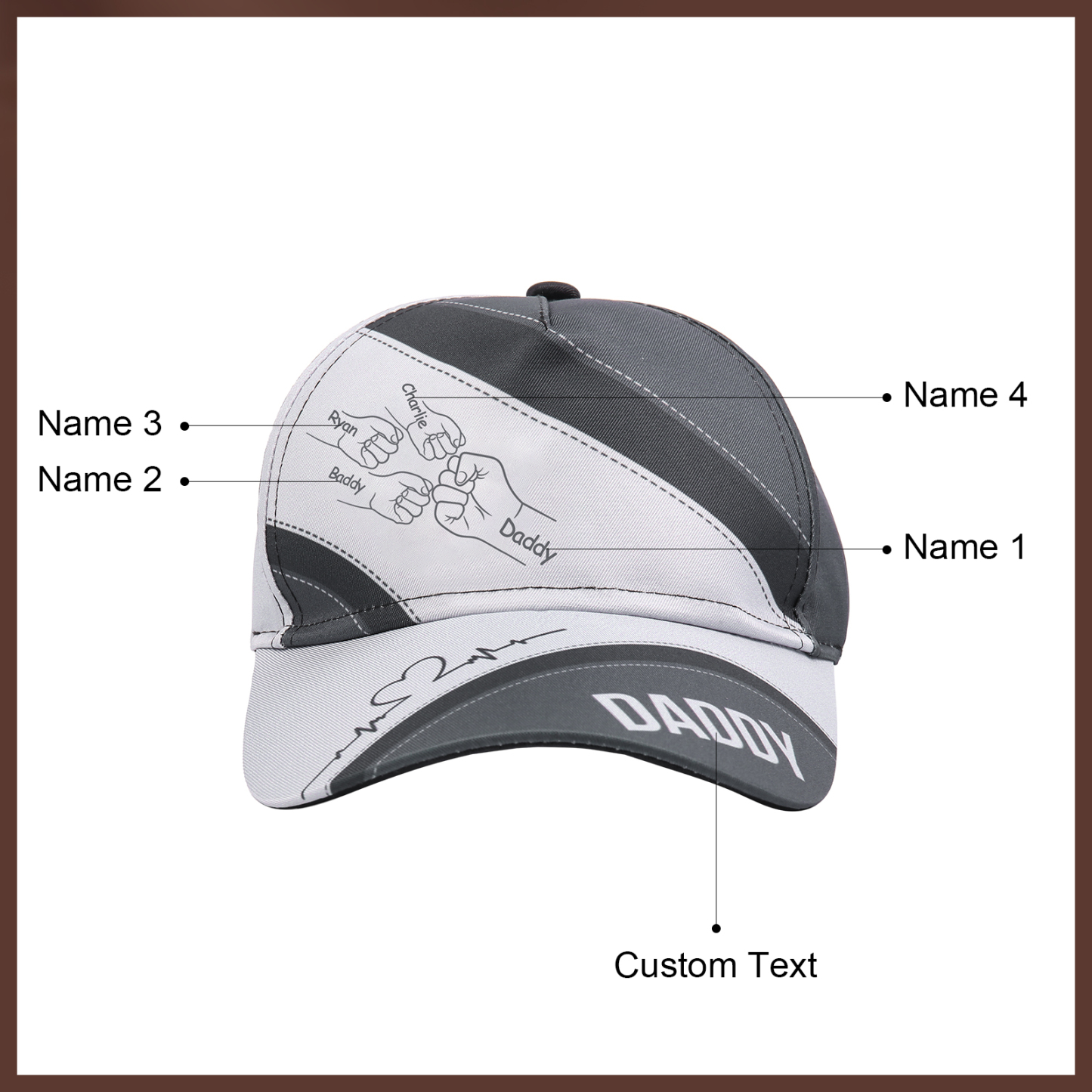 Personalised Fist Bump Classical Baseball Cap Custom 4 Names & 1 Text Snapback Adjustable Gift for Dad/Grandpa/Husband-Jessemade AU
