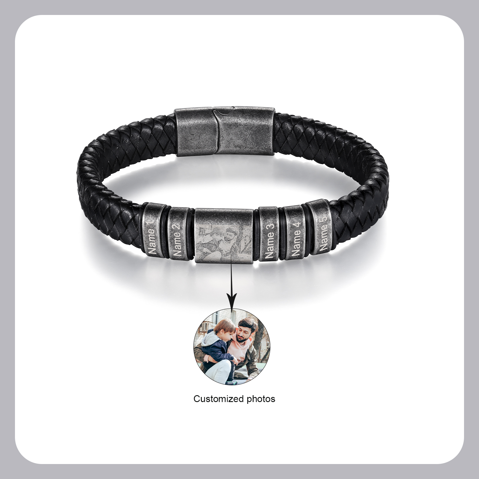 5 Names - Personalised Men's Leather Braided Bracelet Customised Name & Photo Bracelet Vintage Gift for Him-Jessemade AU