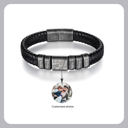 5 Names - Personalised Men's Leather Braided Bracelet Customised Name & Photo Bracelet Vintage Gift for Him-Jessemade AU