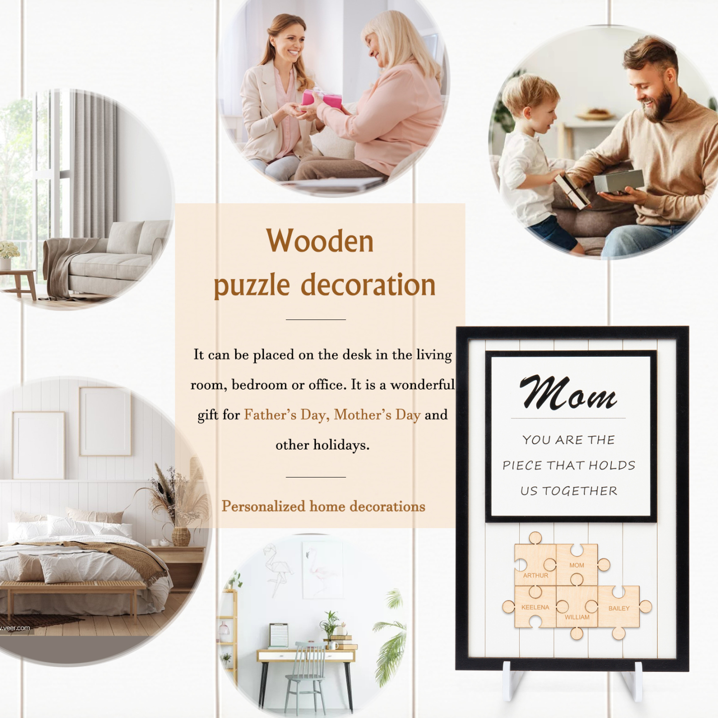 Mom Puzzle Sign Personalised 5 Names Wooden Sign Family Gifts-Mom You Are the Piece that Holds Us Together-Jessemade AU