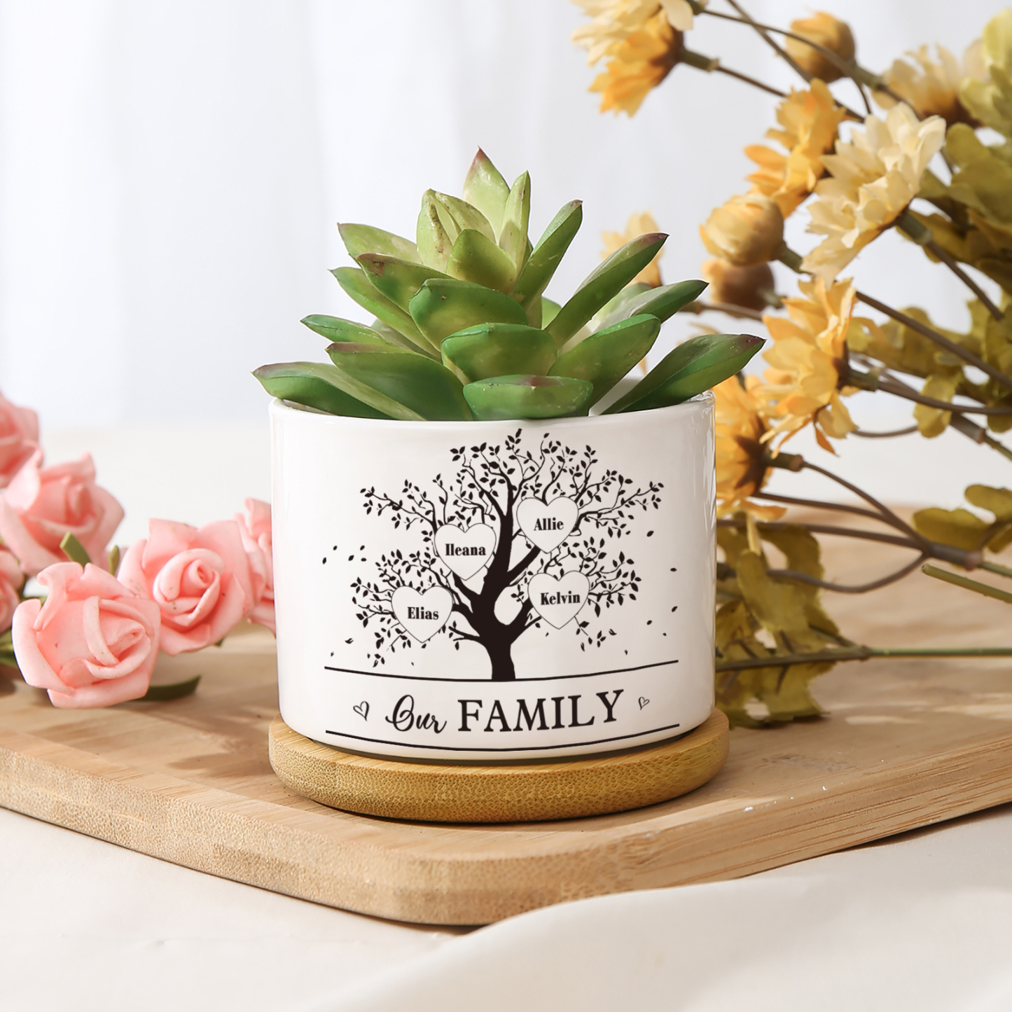 Personalised Ceramic Flowerpot with Wooden Base Custom 4 Names & 1 Text Family Tree Flowerpot Gift for Mother/Grandma-Jessemade AU