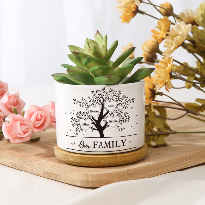 Personalised Ceramic Flowerpot with Wooden Base Custom 4 Names & 1 Text Family Tree Flowerpot Gift for Mother/Grandma-Jessemade AU