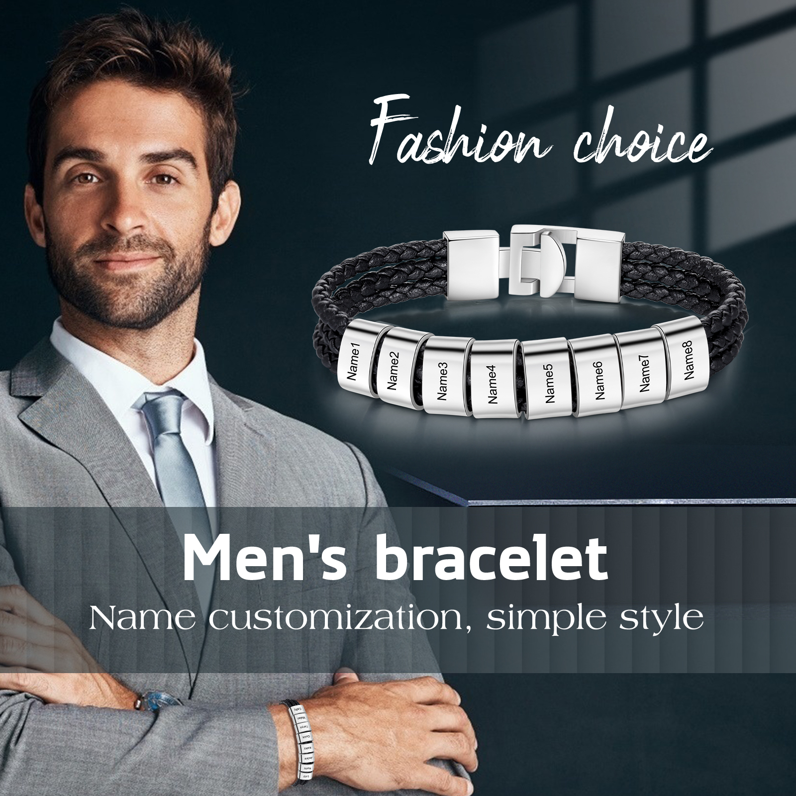 Personalised Braided Leather Bracelet Engraved 8 Names Men's Bracelet Gifts For Him-Jessemade AU