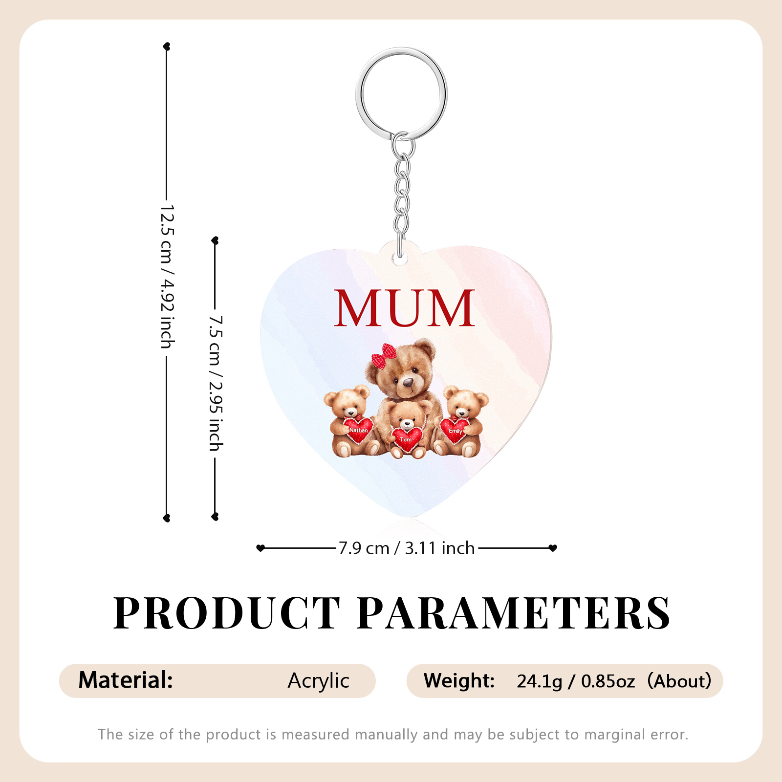 3 Names - Personalised Acrylic Keychain Custom 1 Text Teddy Bears Family Hanging Ornaments Gift for Mum/Grandma-Jessemade AU