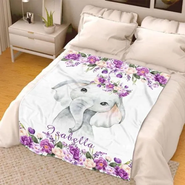 Personalised Purple Floral Elephant Blanket Custom Name Gifts For Baby Girl-Jessemade AU