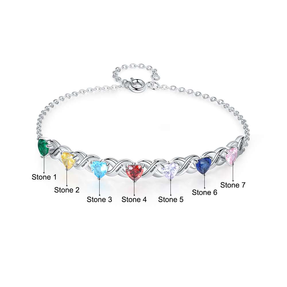 Personalised Bracelet With 7 Heart Birthstones Engraved Names Bracelet Gift For Women-Jessemade AU