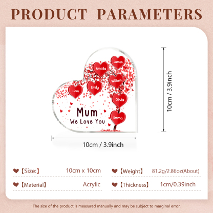 7 Names - Personalised Acrylic Heart Keepsake Custom Text Red Tree Ornaments Gifts for Grandma/Mother-Jessemade AU