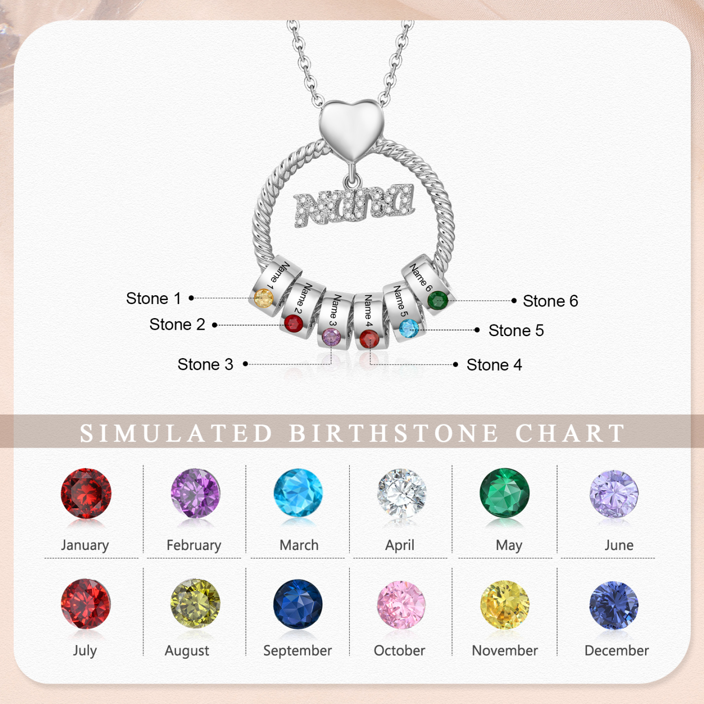 6 Names - Personalised Nana Necklace Custom Names & Birthstones Circle Pendant Necklace Gift for Grandma Nana-Jessemade AU