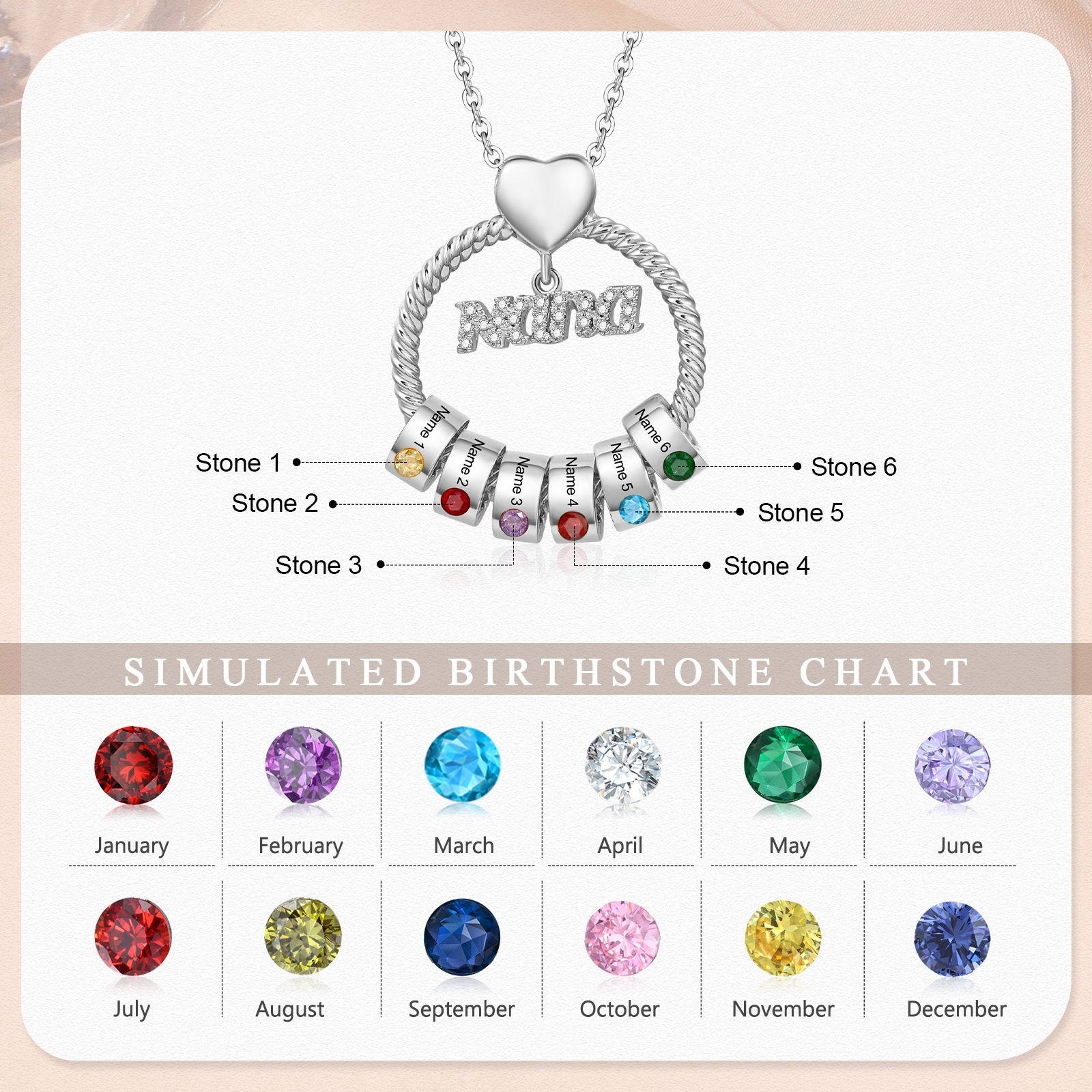 6 Names - Personalised Nana Necklace Custom Names & Birthstones Circle Pendant Necklace Gift for Grandma Nana-Jessemade AU