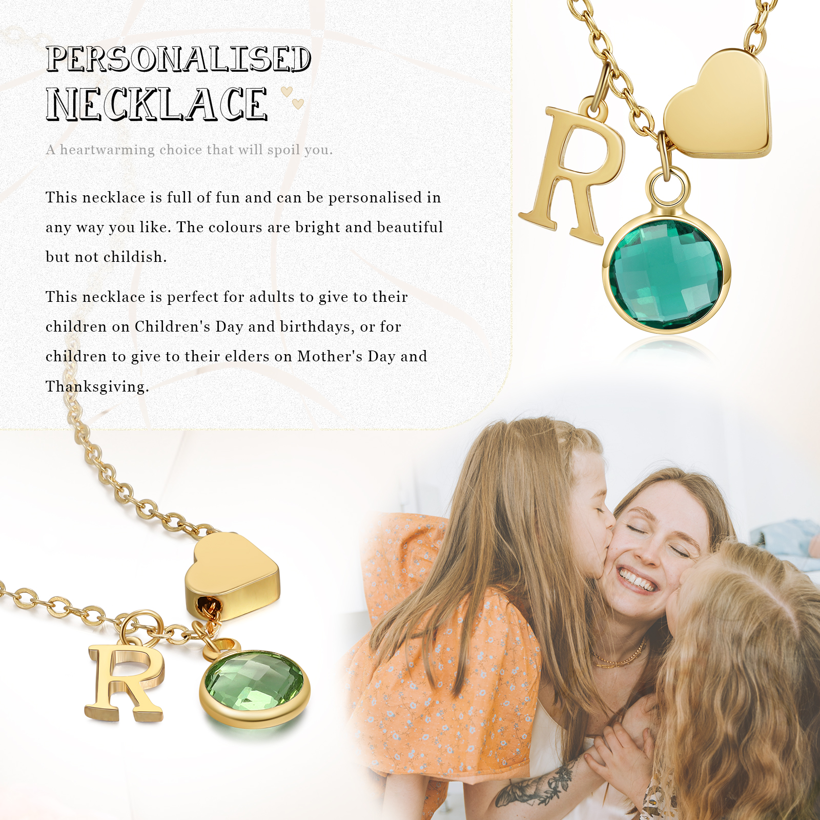 Personalised Heart Necklace Custom Birthstone and Initial Kid's Necklace-Jessemade AU