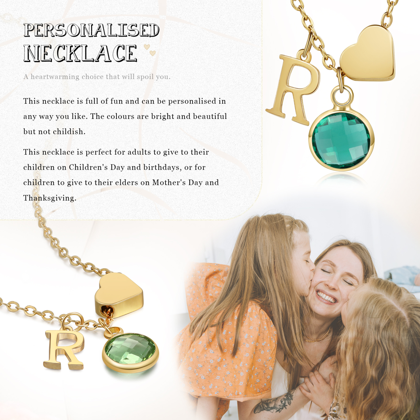 Personalised Heart Necklace Custom Birthstone and Initial Kid's Necklace-Jessemade AU