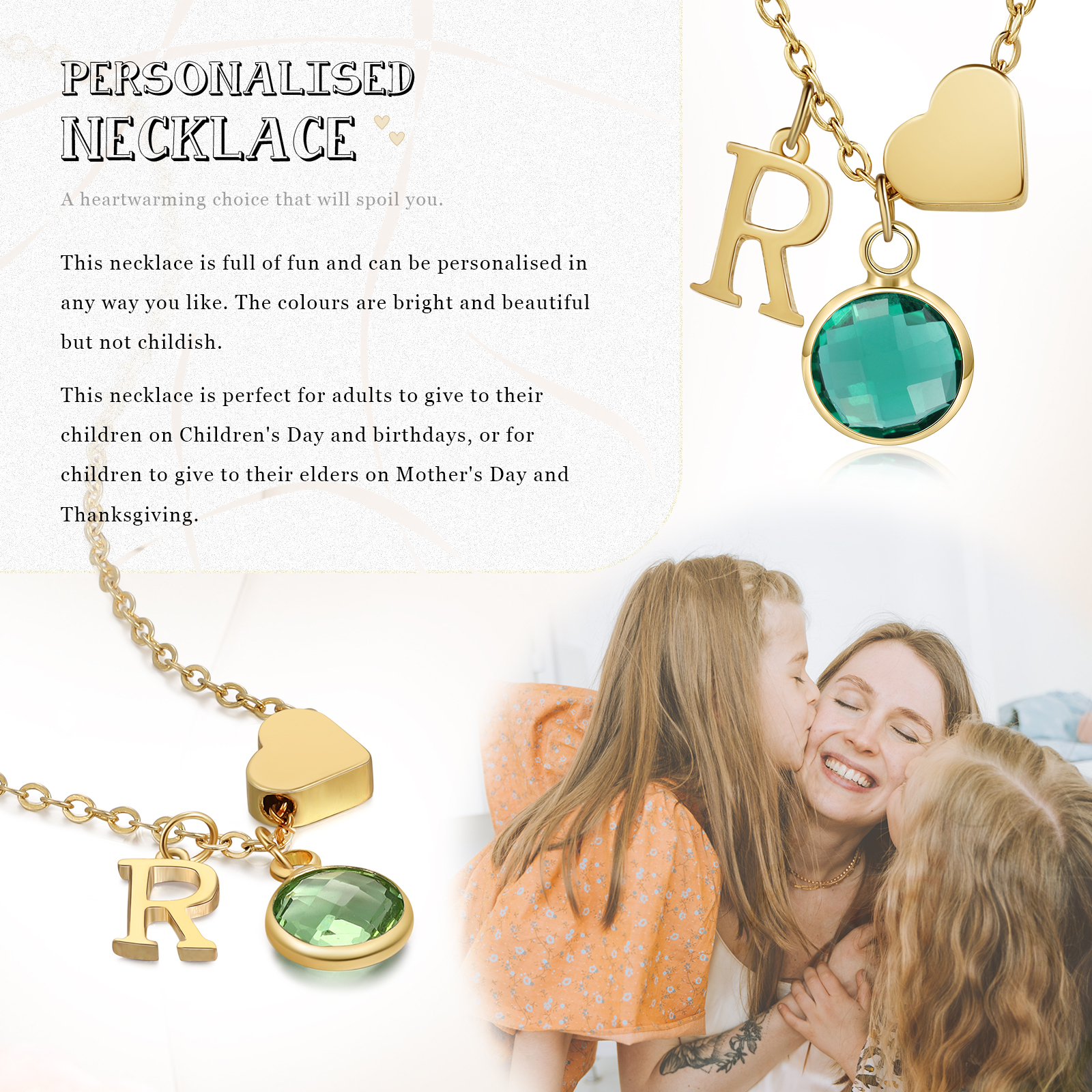 Personalised Heart Necklace Custom Birthstone and Initial Kid's Necklace-Jessemade AU