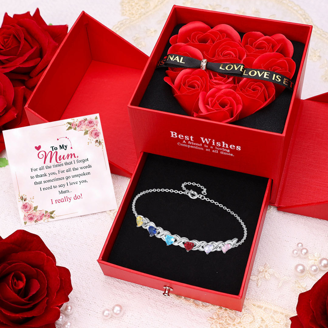Family Custom Bracelet Heart Personalised with 6 Birthstones Gift Box Set-Jessemade AU