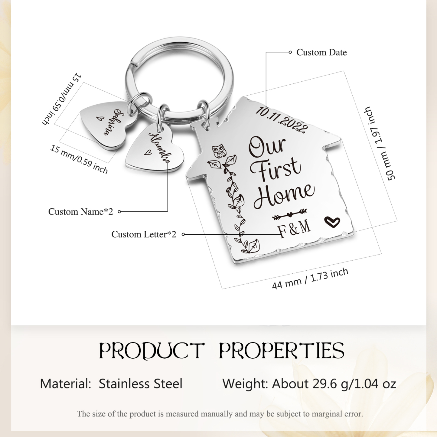 Our First Home Keychain Custom 2 Names & Letters & Date Keyring Stainless Steel Personalised Gift for Couples-Jessemade AU