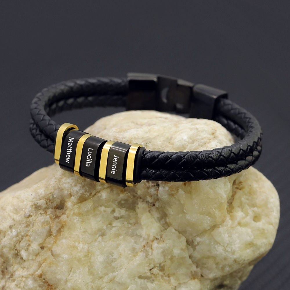Personalised Braided Leather Bracelet Engraved 3 Names Men's Bracelet Gifts For Him-Jessemade AU