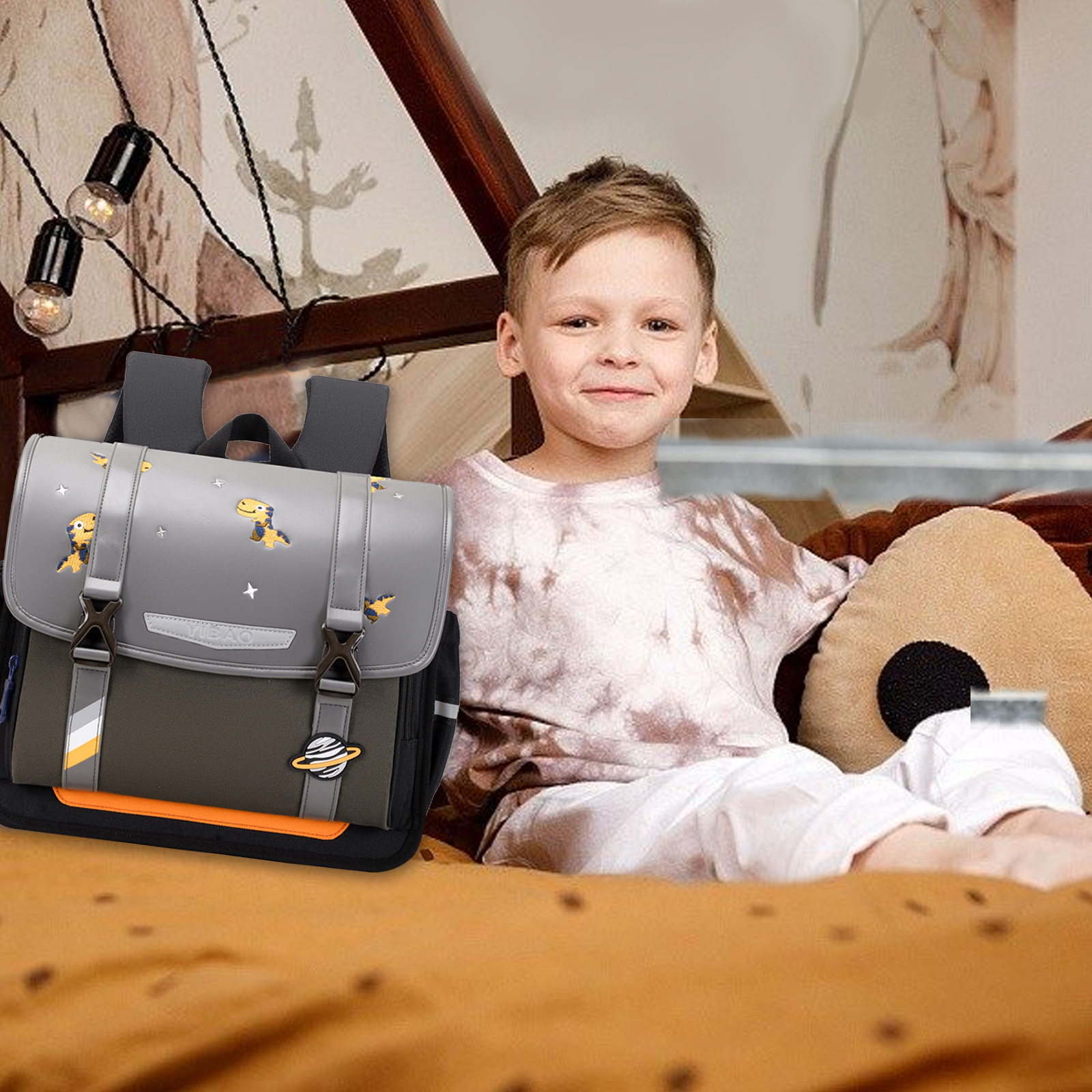 Children Dinosaur Cartable School Bag Grey Backpack Travel Bag Gift for Kids-Jessemade AU