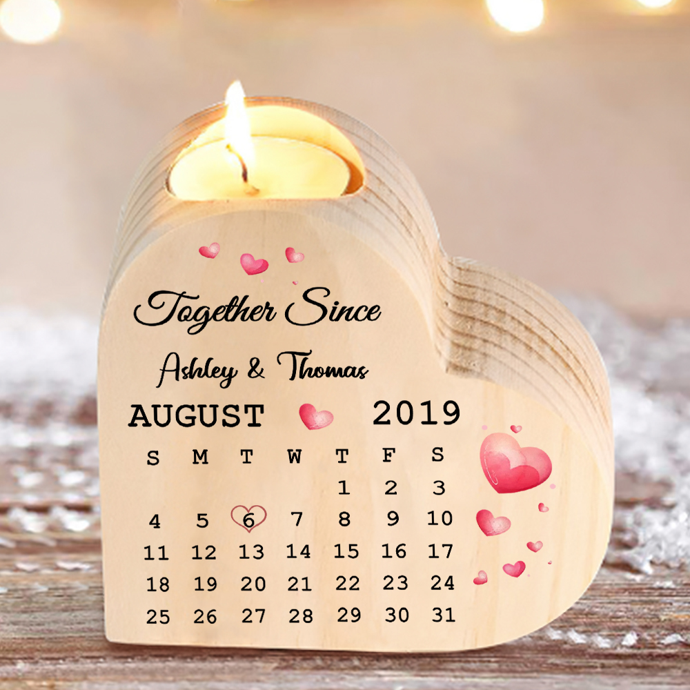 Wooden Couple Candle Holder Custom 2 Names & Date & Text Candlesticks Calendar Valentine's Day Gifts for Wife/Girlfriend-Jessemade AU