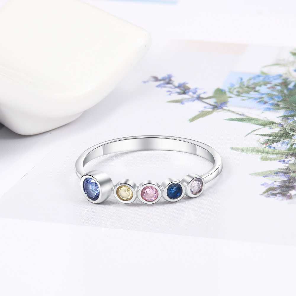 S925 Silver Ring Personalised 3-5 Birthstones Family Ring With Names Gifts For Her-Jessemade AU