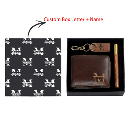 Personalised 2 Texts & 3 Names & 3 Letters Gift Set Custom Wallet & Keychain & Pen Gift Box Set Gift for Him-Jessemade AU