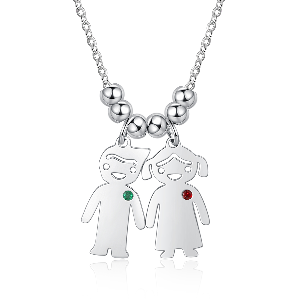 Personalised Kids Charm Necklace With 2 Birthstones Engraved Names Gift For Mother-Jessemade AU
