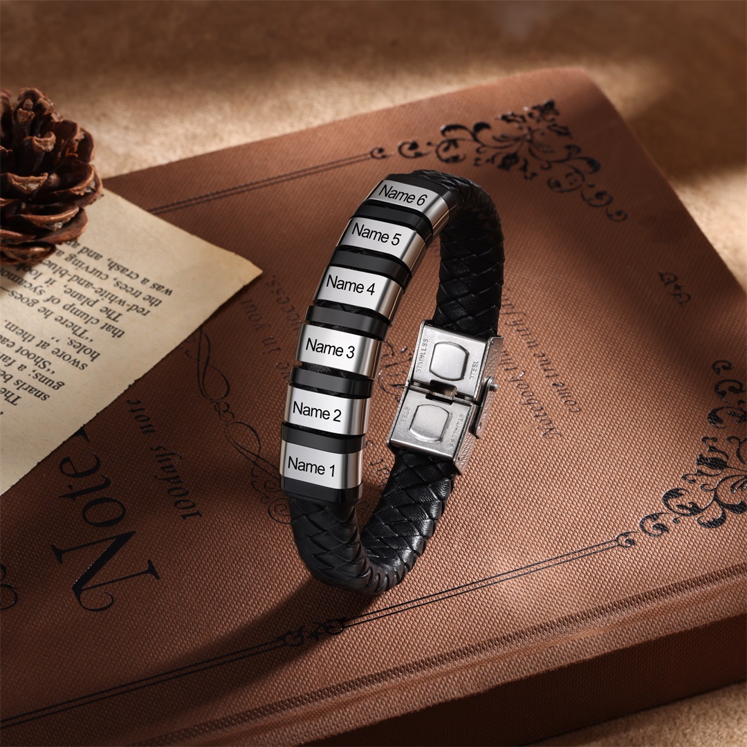 Men Leather Braided Bracelet Personalised with 6 Names Black-Jessemade AU