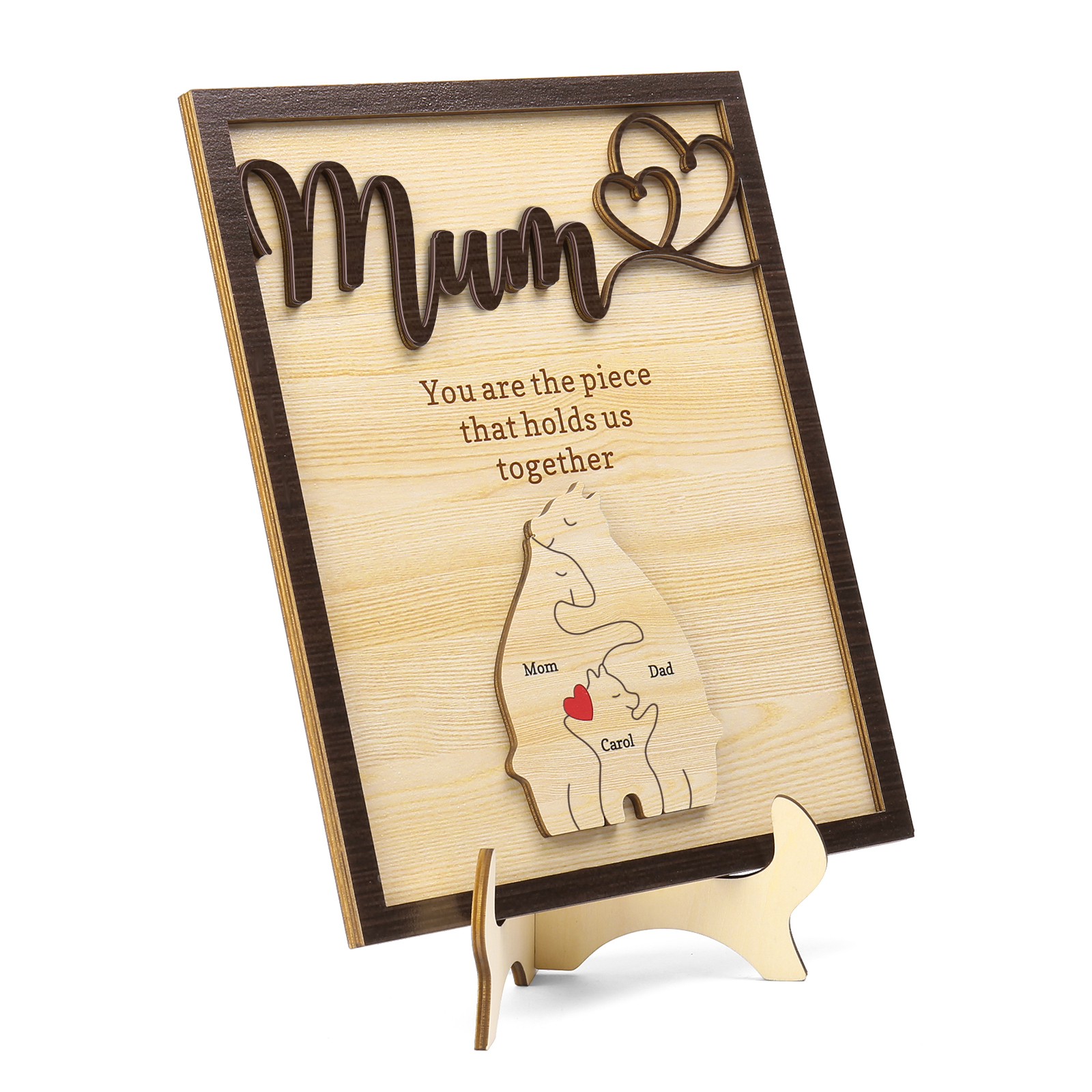Personalised Bear Puzzle Pieces Wooden Plaque Custom 3 Names Family Ornament With Stand Gifts for Mum - You Are The Piece That Holds Us Together-Jessemade AU