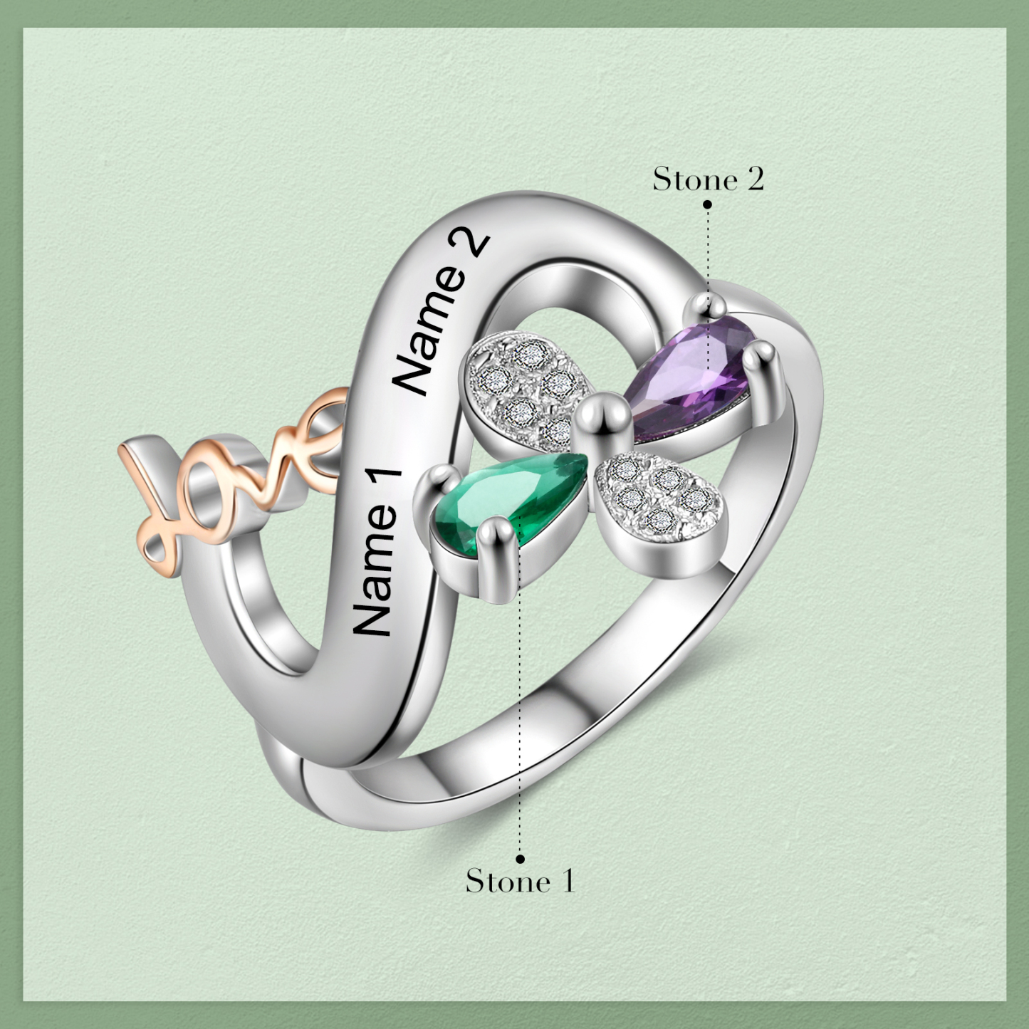 Personalised Butterfly Ring Custom 2 Birthstones Love Ring Gifts For Her-Jessemade AU