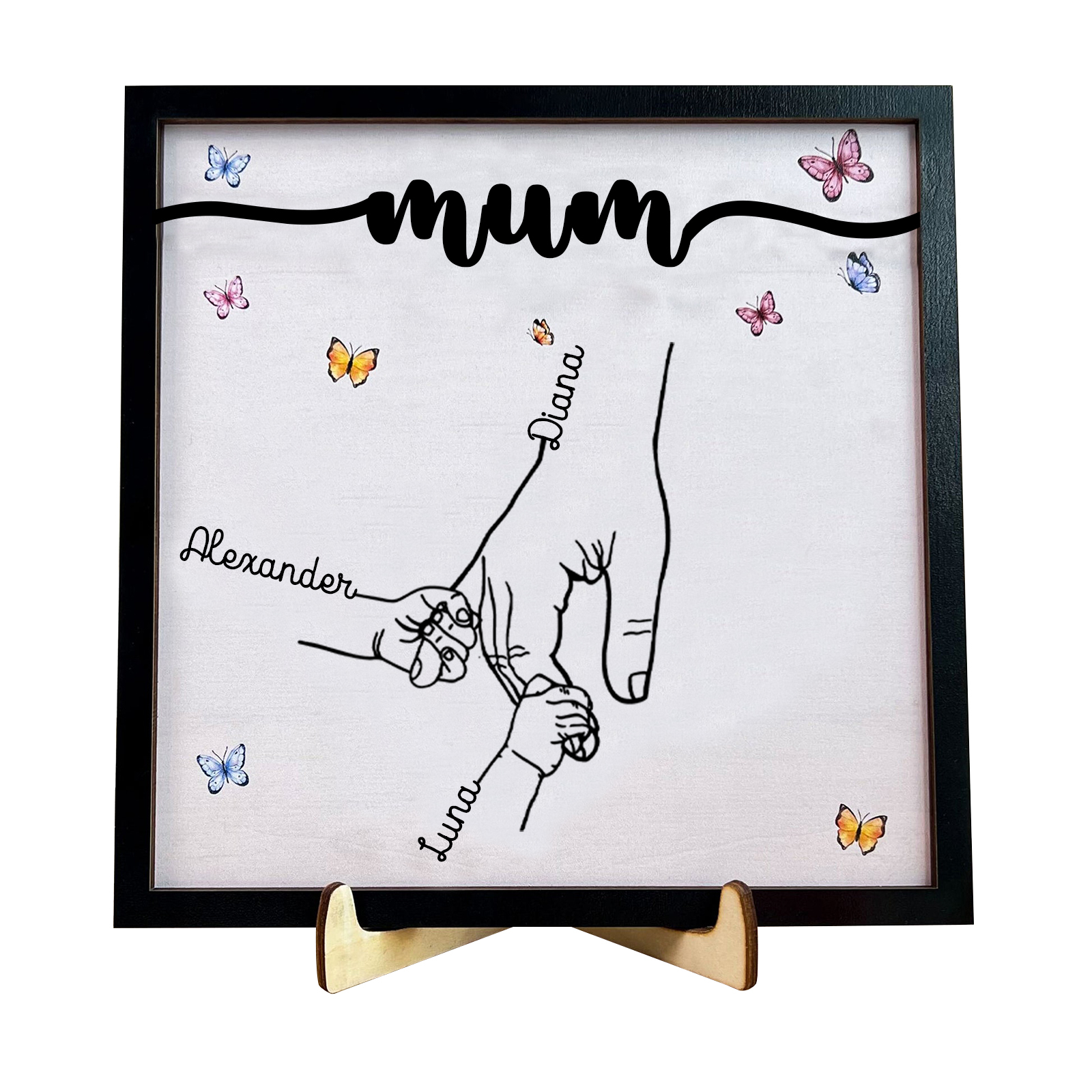 3 Names - Personalised Wooden Plaque Holding Mum's Hand Desktop Decorations Wooden Sign With Stand-Jessemade AU