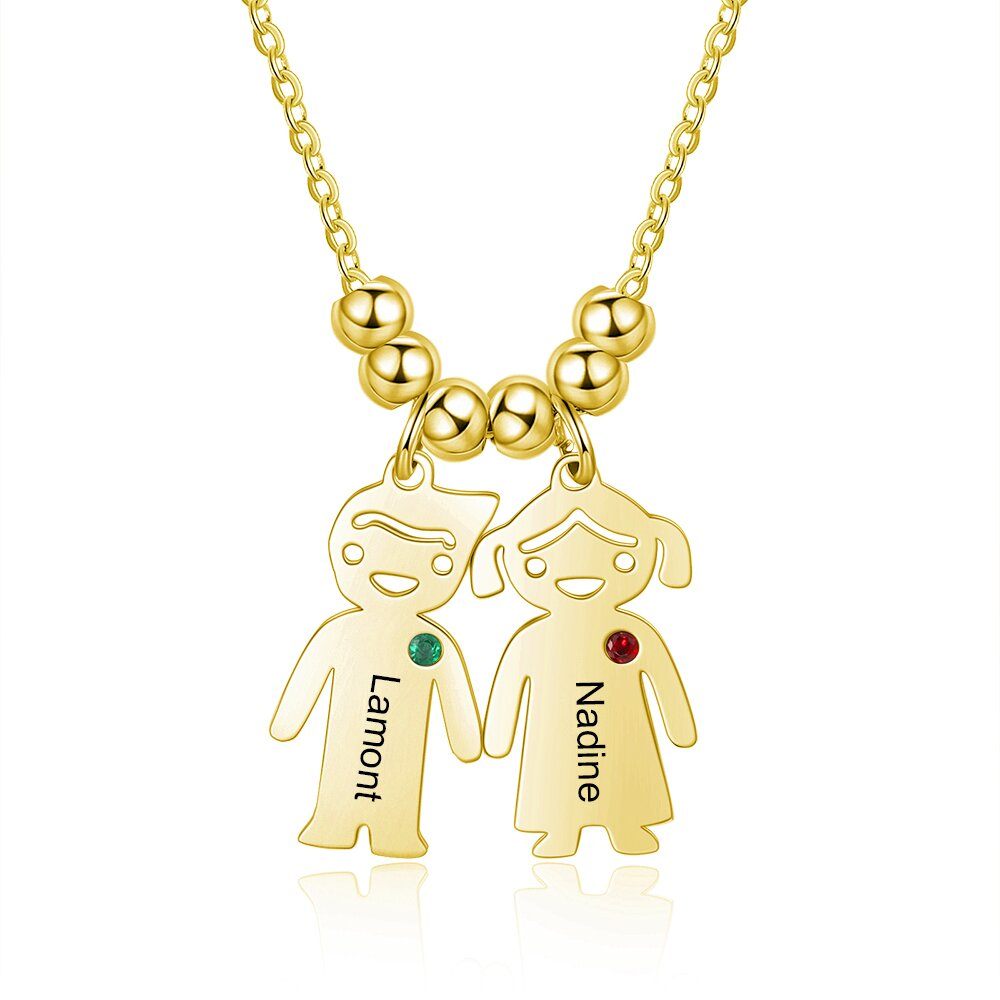 Personalised Kids Charm Necklace With 2 Birthstones Engraved Names Gift For Mother-Jessemade AU