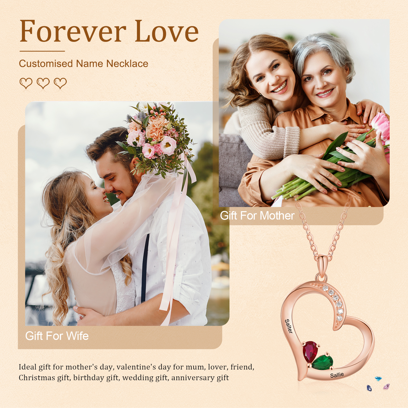 2 Names - Personalised Heart Pendant Necklace Customised Names & Birthstones Necklace Birthday Gift for Her-Jessemade AU