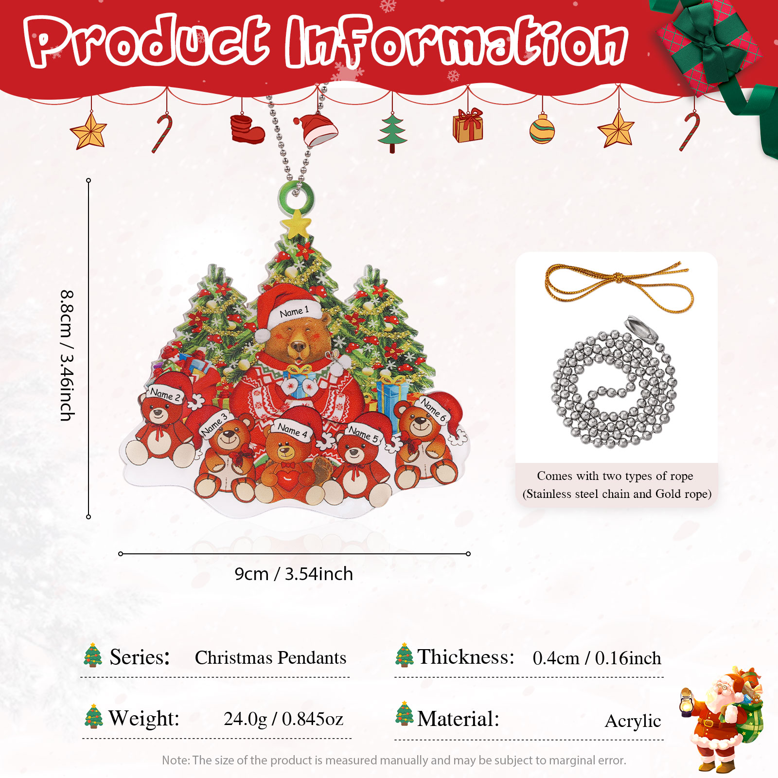 6 Names - Personalised Acrylic Christmas Bear Ornaments Customised Text & Name Xmas Pendant Gifts for Family-Jessemade AU