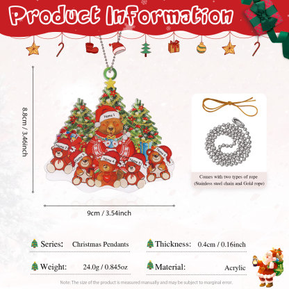 6 Names - Personalised Acrylic Christmas Bear Ornaments Customised Text & Name Xmas Pendant Gifts for Family-Jessemade AU